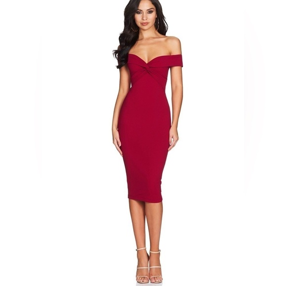 Nookie Dresses & Skirts - NOOKIE Dolly midi off the shoulder dress in ruby XS NWT